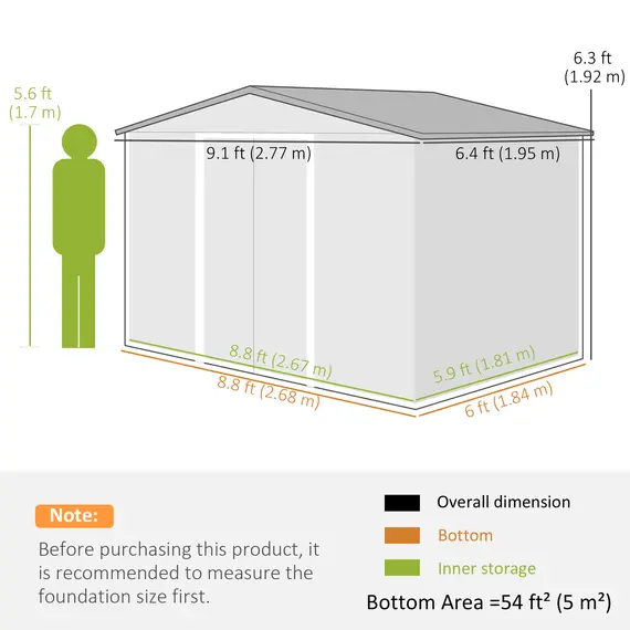 Buy 9 x 6ft Metal Garden Shed, Outdoor Storage Tool House with Ventilation Slots, Foundation Kit and Lockable Double Doors, Brown, 3 image
