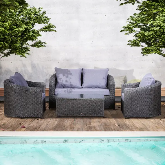 Buy Deluxe Round PE Rattan Garden Furniture Set, Fully-assembly Outdoor Sofa Set with Armchair, Loveseat, Glass Top Coffee Table, Aluminium Frame, Cushion, Grey, 9 image