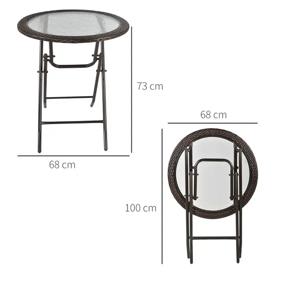 Buy Folding Rattan Garden Dining Table, 68 cm Round Rattan Garden Table with Water Ripple Tempered Glass Top, Wicker Edging  and Steel Frame for Outdoor, Patio, Brown, 3 image