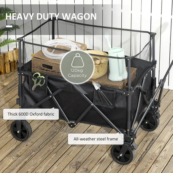 Buy Folding Garden Trolley, 180L Wagon Cart with Extendable Side Walls, for Beach, Camping, Festival, Black, 8 image