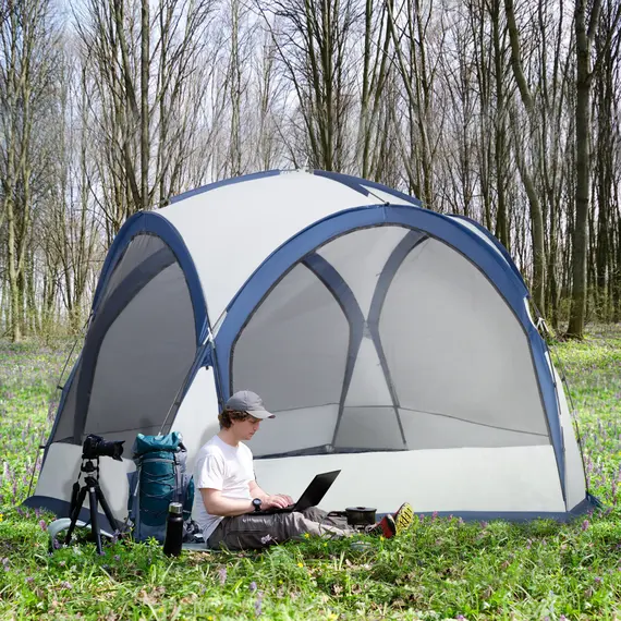 Buy Dome Tent for 6-8 Person, Camping Tent with 4 Zipped Mesh Doors, Removable Oxford Cloth, Lamp Hook, Portable Carry Bag, White and Blue, 2 image