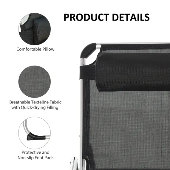 Buy Foldable Outdoor Sun Lounger, Reclining Lounge Chair Camping Bed Cot with Pillow 4-Level Adjustable Back Aluminium Frame, Black, 4 image