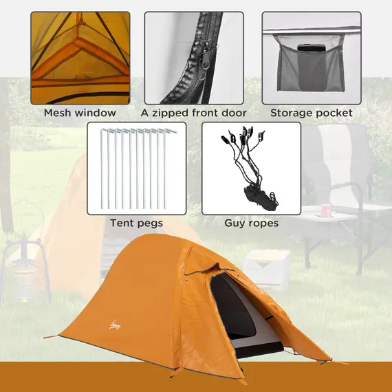 Buy Double Layer Camping Tent, 1-2 Man Backpacking Tent with Carry Bag, 2000mm Waterproof and Lightweight, Orange, 6 image