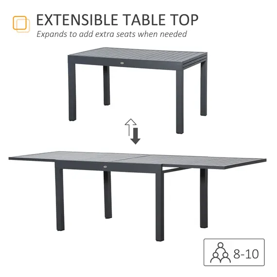 Buy Extendable Garden Table 135-270cm x 90cm x 75cm, 10 Seater Outdoor Dining Table with Aluminium Frame for Lawn, Balcony and Backyard, Grey, 4 image