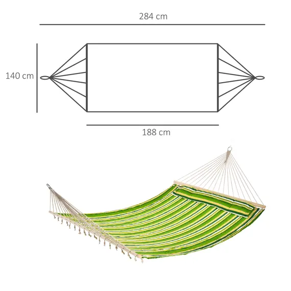 Buy Double Cotton Hammock Camping Swing Outdoor Garden Beach Stripe Hanging Bed with Pillow, 188 x 140 cm, 180 KG Capacity, Green, 3 image