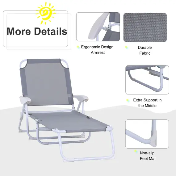 Buy Foldable Sun Lounger, Outdoor 4 Level Adjustable Backrest Reclining Lounge Chair with Armrests for Patio, Garden, Grey, 4 image