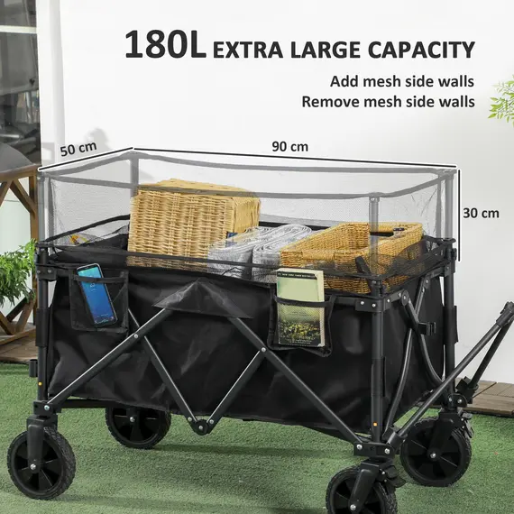 Buy Folding Garden Trolley, 180L Wagon Cart with Extendable Side Walls, for Beach, Camping, Festival, Black, 4 image