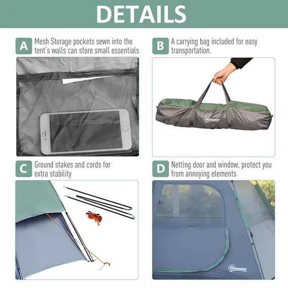 Buy Fibreglass Frame 3/4 Person Lightweight Camping Tent Green, 6 image