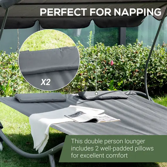 Buy Double Hammock Sun Lounger Bed with Canopy Shelter, Wheels & 2 Pillows, Grey, 5 image