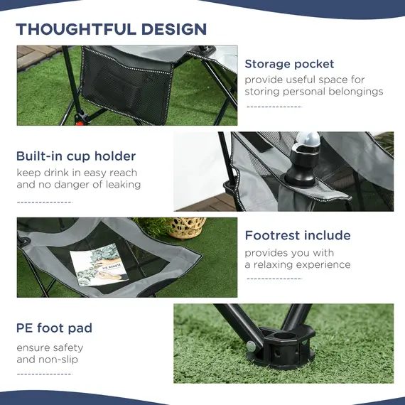 Buy Foldable Reclining Garden Chairs with Footrest and Adjustable Backrest, Portable Camping Chair with Headrest, Cup Holder, Side Pocketand Carry Bag for Outdoor, Grey, 6 image