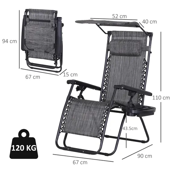Buy Foldable Reclining Garden Chair with Headrest, Zero Gravity Deck Sun Lounger Seat Chair with Footrest, Armrest, Cup Holder & Canopy Shade, Grey, 3 image