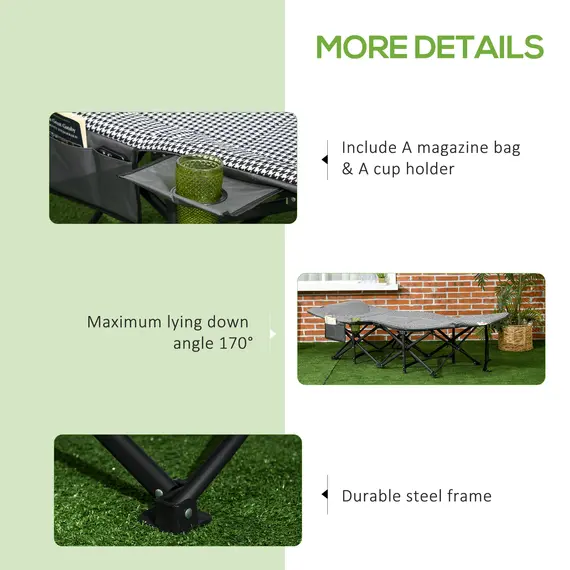 Buy Foldable Sun Lounger, Padded Patio Camping Bed with Carry Bag, Magazine Bag and Cup Holder for Outdoor, Garden, Black, 6 image