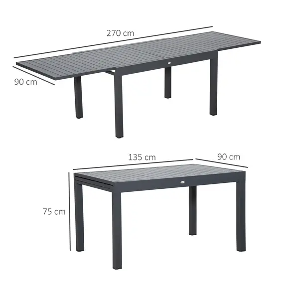 Buy Extendable Garden Table 135-270cm x 90cm x 75cm, 10 Seater Outdoor Dining Table with Aluminium Frame for Lawn, Balcony and Backyard, Grey, 3 image