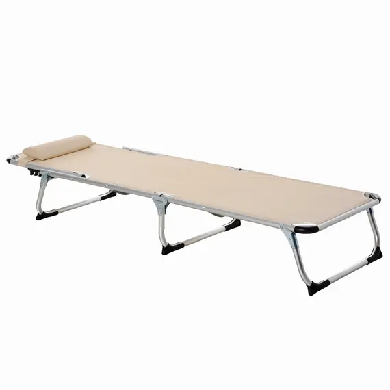 Buy Foldable Outdoor Sun Lounger, Reclining Lounge Chair Camping Bed Cot with Pillow 4-Level Adjustable Back Aluminium Frame, Khaki, 7 image
