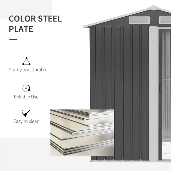 Buy Garden Metal Tool Storage Shed with Sliding Door, Sloped Roof and Foundation Kit, 152 x 132 x 188cm, Grey, 4 image