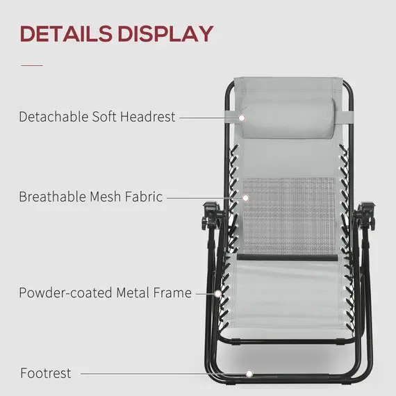 Buy Garden Recliner Chairs Set of 2, Outdoor Foldable Zero Gravity Chairs Set w/ Footstool and Detachable Headrest, Grey, 6 image