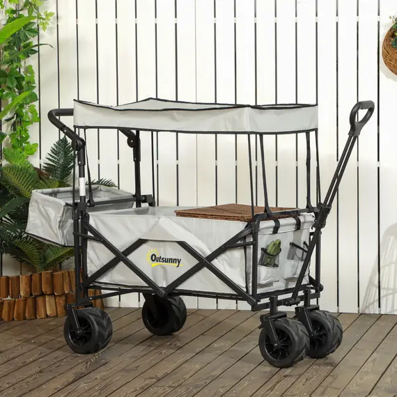 Buy Folding Trolley Cart Storage Wagon Beach Trailer 4 Wheels with Handle Overhead Canopy Cart Push Pull for Camping, Grey, 2 image