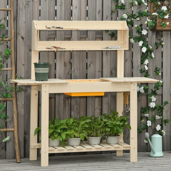 Buy Garden Potting Bench w/ Sliding Tabletop, Wooden Workstation w/ Dry Sink, Outdoor Workbench Potting Table w/ Storage Shelf & Hooks, Natural, 2 image