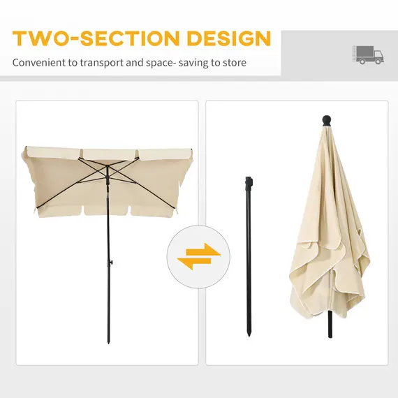 Buy Garden Parasol Umbrella, Outdoor Market Table Umbrella with Ruffles & Aluminium Pole, Rectangular Tilting Parasol Sun Shade Canopy, 2 x 1.3m, Beige, 5 image