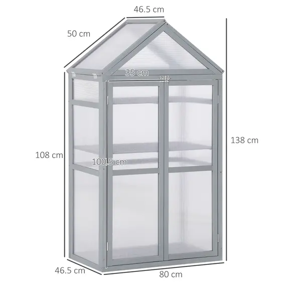 Buy Garden Cold Frame Polycarbonate Greenhouse with Adjustable Shelves, Double Doors, Openable Top Covers, Grow House for Flower Vegetable Plants, 80 x 47 x 138cm, Grey, 3 image