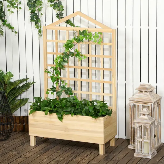 Buy Garden Planters with Trellis for Vine Climbing, Distressed Wooden Raised Beds, 90x43x150cm, Natural Tone, 2 image