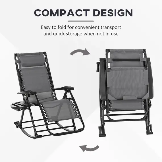 Buy Garden Rocking Chair Folding Recliner Outdoor Adjustable Sun Lounger Rocker Zero-Gravity Seat with Headrest Side Holder Patio Deck - Grey, 4 image