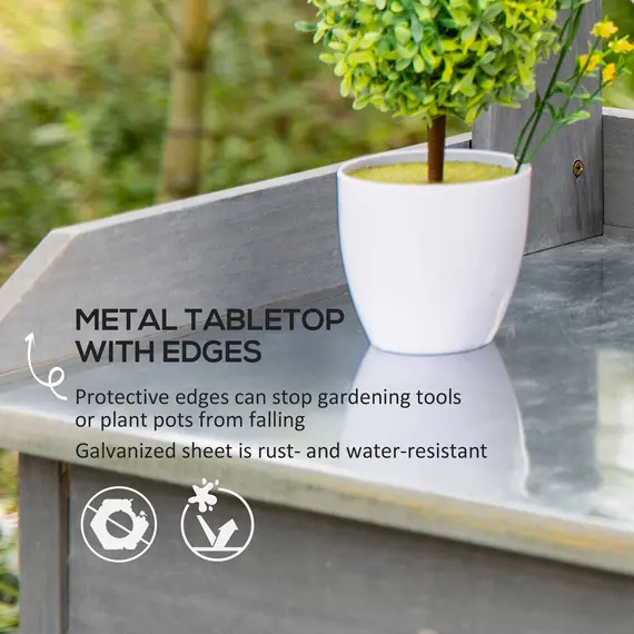 Buy Garden Potting Table, Wooden Workstation Bench w/ Galvanized Metal Tabletop, Drawer, Storage Shelves and Hooks for Patios, Courtyards, Balcony, 4 image