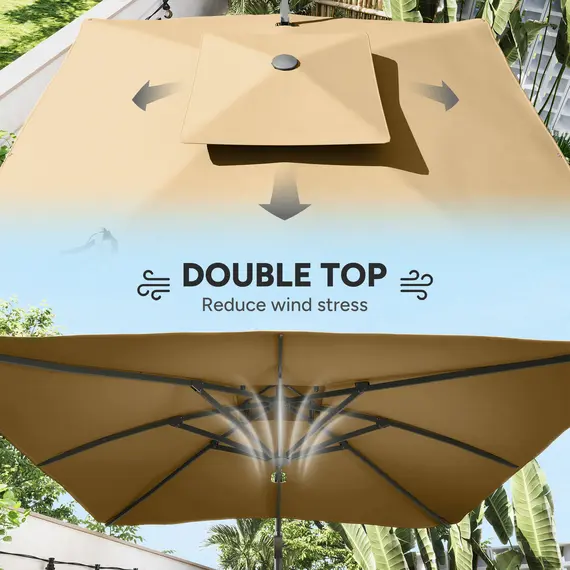 Buy Garden Parasol, 3(m) Cantilever Parasol with Hydraulic Mechanism, Dual Vented Top, 8 Ribs, Cross Base, Khaki, 7 image
