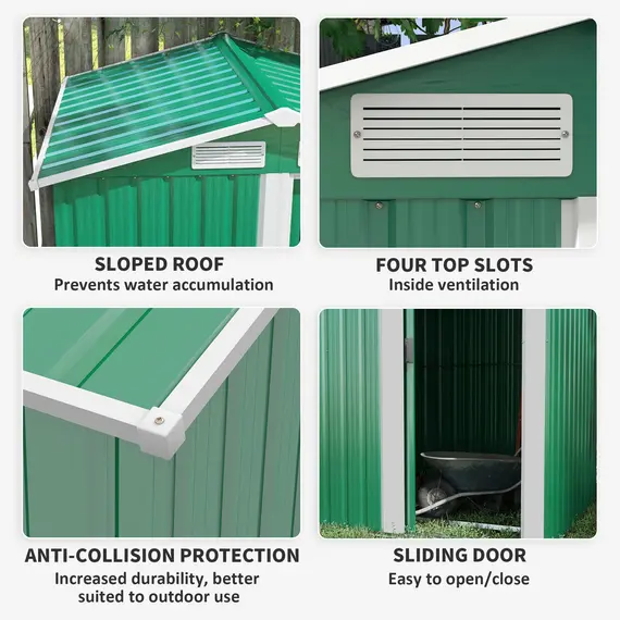 Buy Garden Metal Tool Storage Shed with Sliding Door, Sloped Roof and Floor Foundation, 152 x 132 x 188cm, Green, 5 image