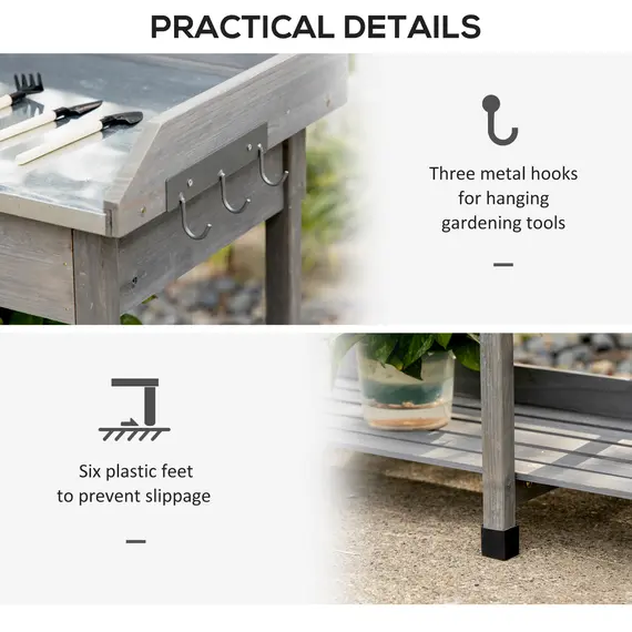 Buy Garden Potting Table, Wooden Workstation Bench w/ Galvanized Metal Tabletop, Drawer, Storage Shelves and Hooks for Patios, Courtyards, Balcony, 6 image