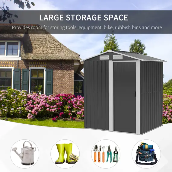 Buy Garden Metal Tool Storage Shed with Sliding Door, Sloped Roof and Foundation Kit, 152 x 132 x 188cm, Grey, 6 image