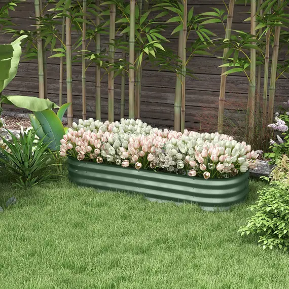 Buy Galvanised Raised Garden Bed, Metal Planter Box with Safety Edging, for Flowers, Herbs, Succulents, Green, 2 image