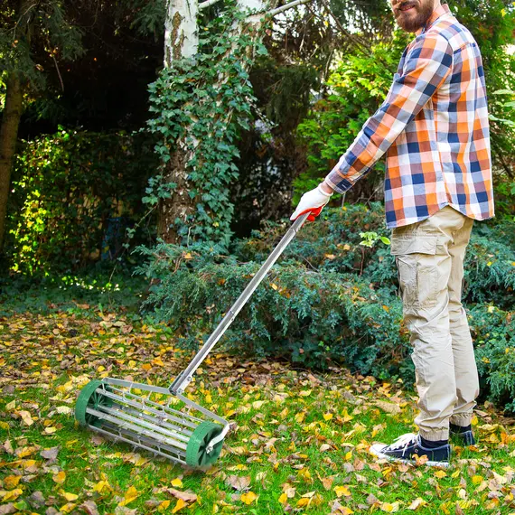 Buy Garden Rolling Lawn Aerator Heavy Duty Steel Grass Roller w/ Adjustable Handle, 2 image