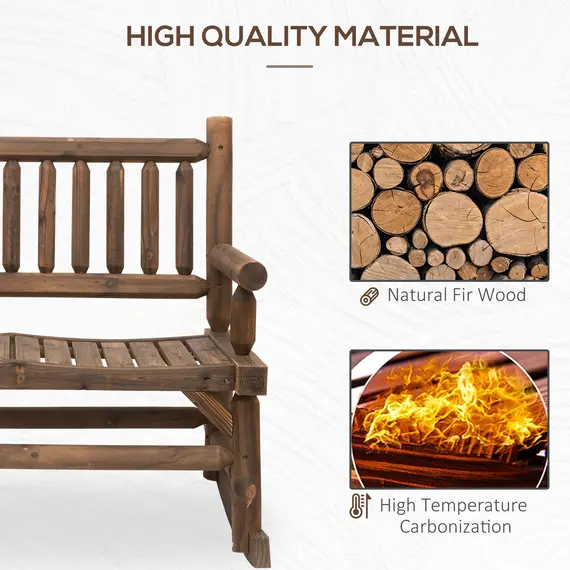 Buy Garden 2-Seater Rocking Bench Wood Frame Rough-Cut Log Loveseat Slatted High Back Rustic Style with Armrests Garden Outdoor Furniture - Dark Stain Brown, 6 image