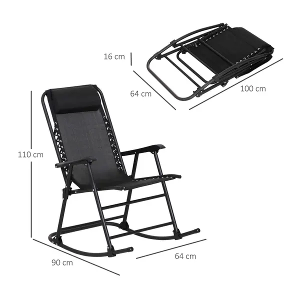 Buy Garden Rocking Chair Folding Outdoor Adjustable Rocker Zero-Gravity Seat with Headrest Camping Fishing Patio Deck, 90 x 64 x 110 cm - Black, 3 image