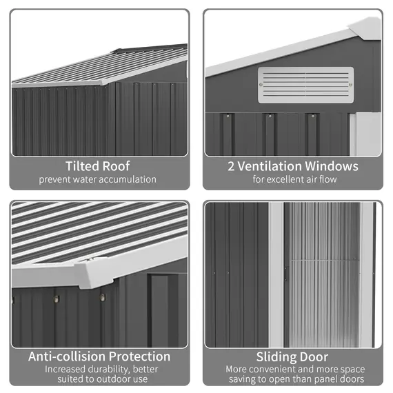 Buy Garden Metal Tool Storage Shed with Sliding Door, Sloped Roof and Foundation Kit, 152 x 132 x 188cm, Grey, 5 image