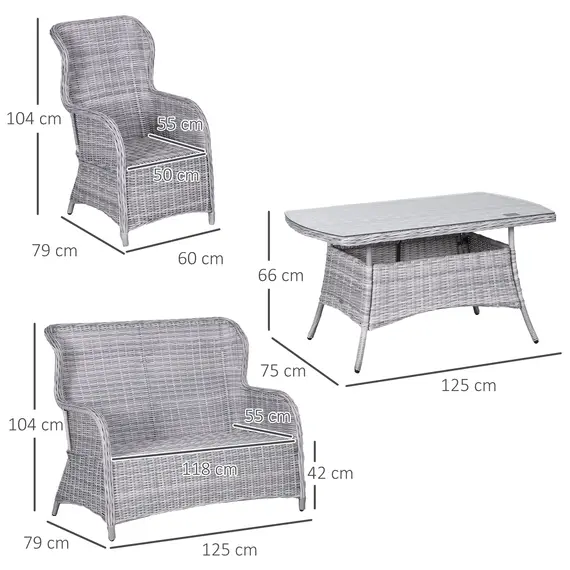 Buy Garden PE Rattan Dining Sofa Set, Outdoor 4 Seater Wicker Furniture, High Back Chairs with Cushions, Tempered Glass Coffee Table for Patio, Mixed Grey, 3 image