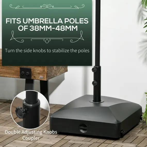 Buy Garden Parasol Base Holder, 43kg Water or 60kg Sand Filled, Outdoor Market Umbrella Stand Weight with Wheels and Brakes, Black, 5 image