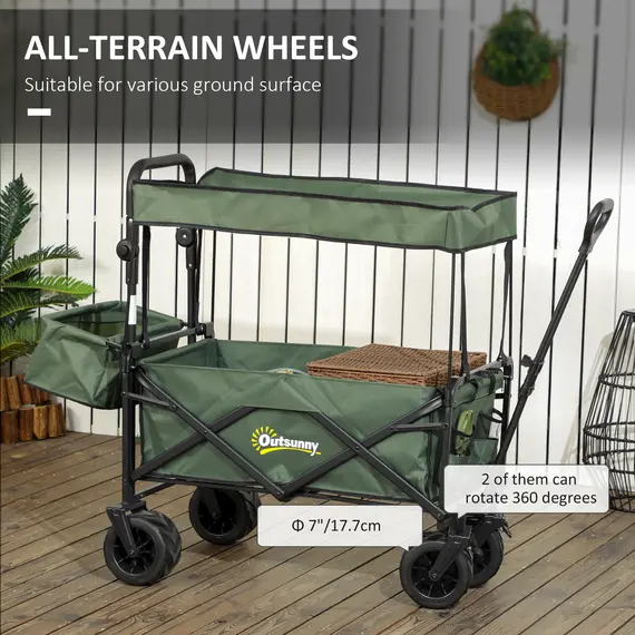 Buy Folding Trolley Cart Storage Wagon Beach Trailer 4 Wheels with Handle Overhead Canopy Cart Push Pull for Camping, Green, 6 image