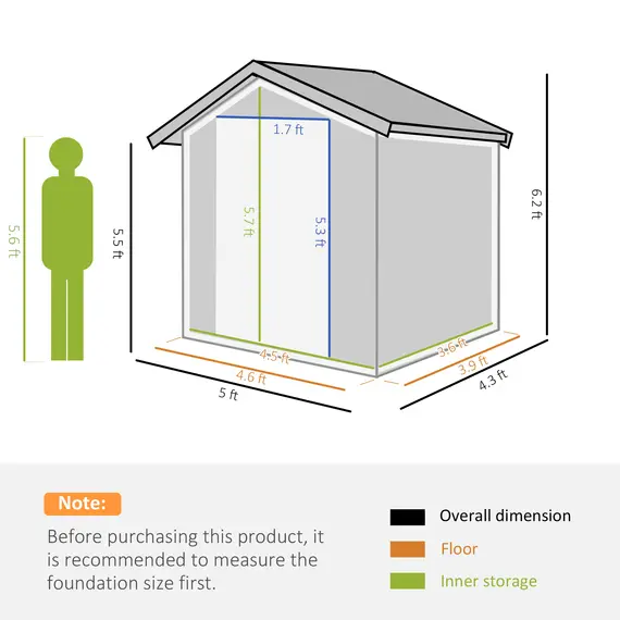 Buy Garden Metal Tool Storage Shed with Sliding Door, Sloped Roof and Foundation Kit, 152 x 132 x 188cm, Grey, 3 image