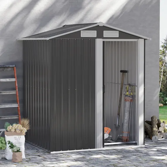 Buy Garden Metal Tool Storage Shed with Sliding Door, Sloped Roof and Foundation Kit, 152 x 132 x 188cm, Grey, 2 image