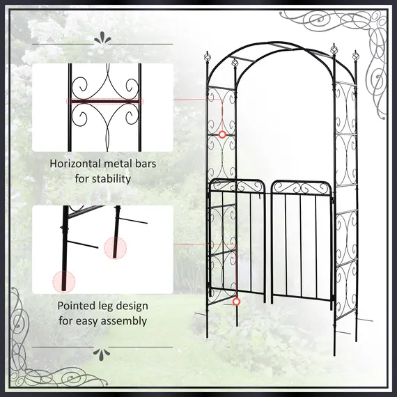 Buy Garden Decorative Metal Arch with Gate Outdoor Patio Trellis Arbor for Climbing Plant Archway Antique Black - 108L x 45W x 215Hcm, 7 image