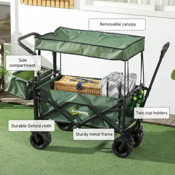 Buy Folding Trolley Cart Storage Wagon Beach Trailer 4 Wheels with Handle Overhead Canopy Cart Push Pull for Camping, Green, 7 image