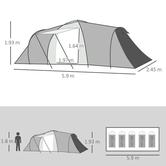 Buy Four-Man Tunnel Tent, with Two Bedrooms and Living Room - Grey/Yellow, 3 image