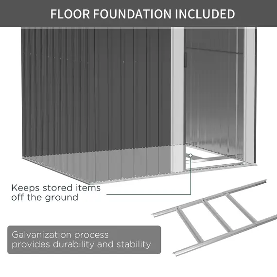 Buy Garden Metal Tool Storage Shed with Sliding Door, Sloped Roof and Foundation Kit, 152 x 132 x 188cm, Grey, 7 image