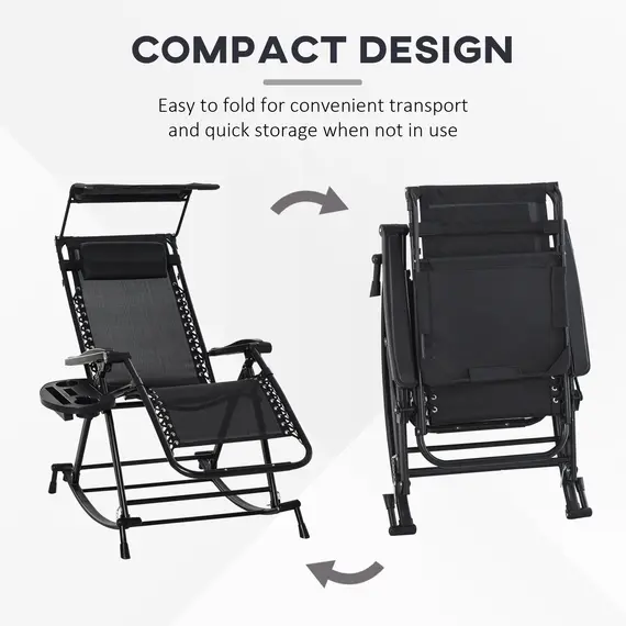 Buy Garden Rocking Chair Folding Recliner Outdoor Adjustable Sun Lounger Rocker Zero-Gravity Seat with Headrest Side Holder Patio Deck - Black, 4 image