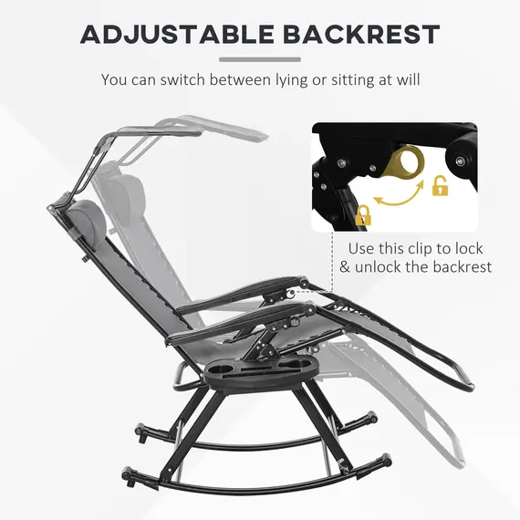Buy Garden Rocking Chair Folding Recliner Outdoor Adjustable Sun Lounger Rocker Zero-Gravity Seat with Headrest Side Holder Patio Deck - Grey, 7 image