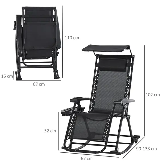 Buy Garden Rocking Chair Folding Recliner Outdoor Adjustable Sun Lounger Rocker Zero-Gravity Seat with Headrest Side Holder Patio Deck - Black, 3 image