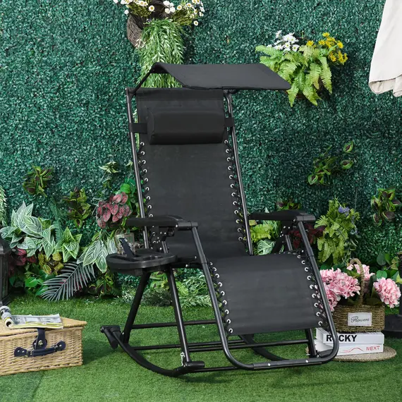 Buy Garden Rocking Chair Folding Recliner Outdoor Adjustable Sun Lounger Rocker Zero-Gravity Seat with Headrest Side Holder Patio Deck - Black, 2 image