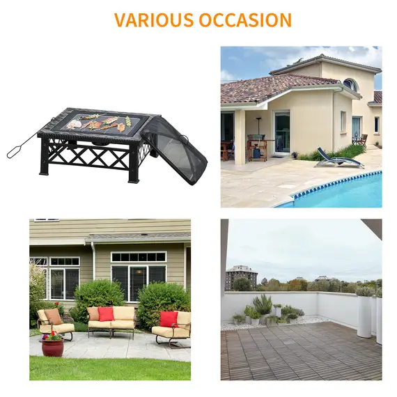 Buy Large Outdoor Fire Pit Table, 3 in 1 Square Wood Burning Firepit Metal Brazier, BBQ Grill, Ice Bucket w/ Grill Grate, Log Grate, Lid, Poker for Garden, Camping, Bonfire, 76 x 76 x 47cm, Black, 7 image